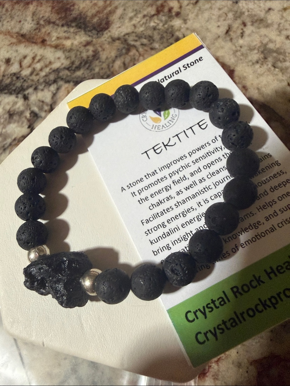 Black Tektite Bead Stretch Bracelet with Raw Accent